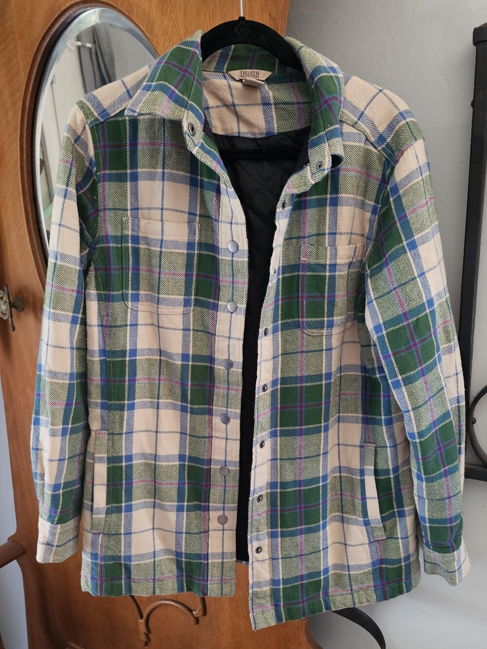 Plaid Green and Cream Men's Button-Up Shirt Jacket